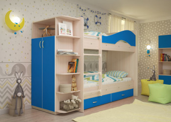 Кровать Мая двухъярусная с ящиками и шкафом Млечный дуб/Голубой в Дудинке - dudinka.mebel54.com | фото