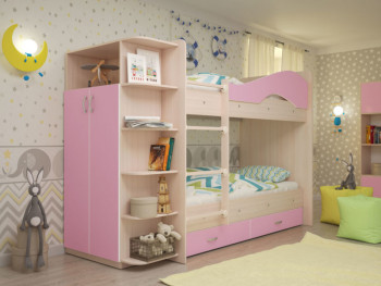 Кровать Мая двухъярусная с ящиками и шкафом Млечный дуб/Розовый в Дудинке - dudinka.mebel54.com | фото