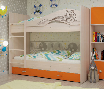Кровать Мая-Сафари двухъярусная с ящикамиМлечный дуб/Оранжевый в Дудинке - dudinka.mebel54.com | фото